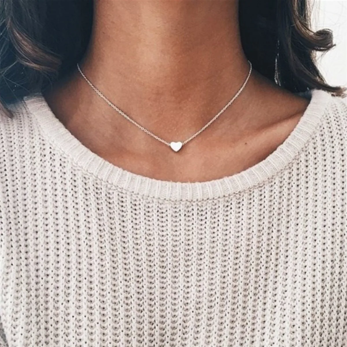 Stainless Steel  Brass Dainty Heart Pendant with Chain  Silver Colored