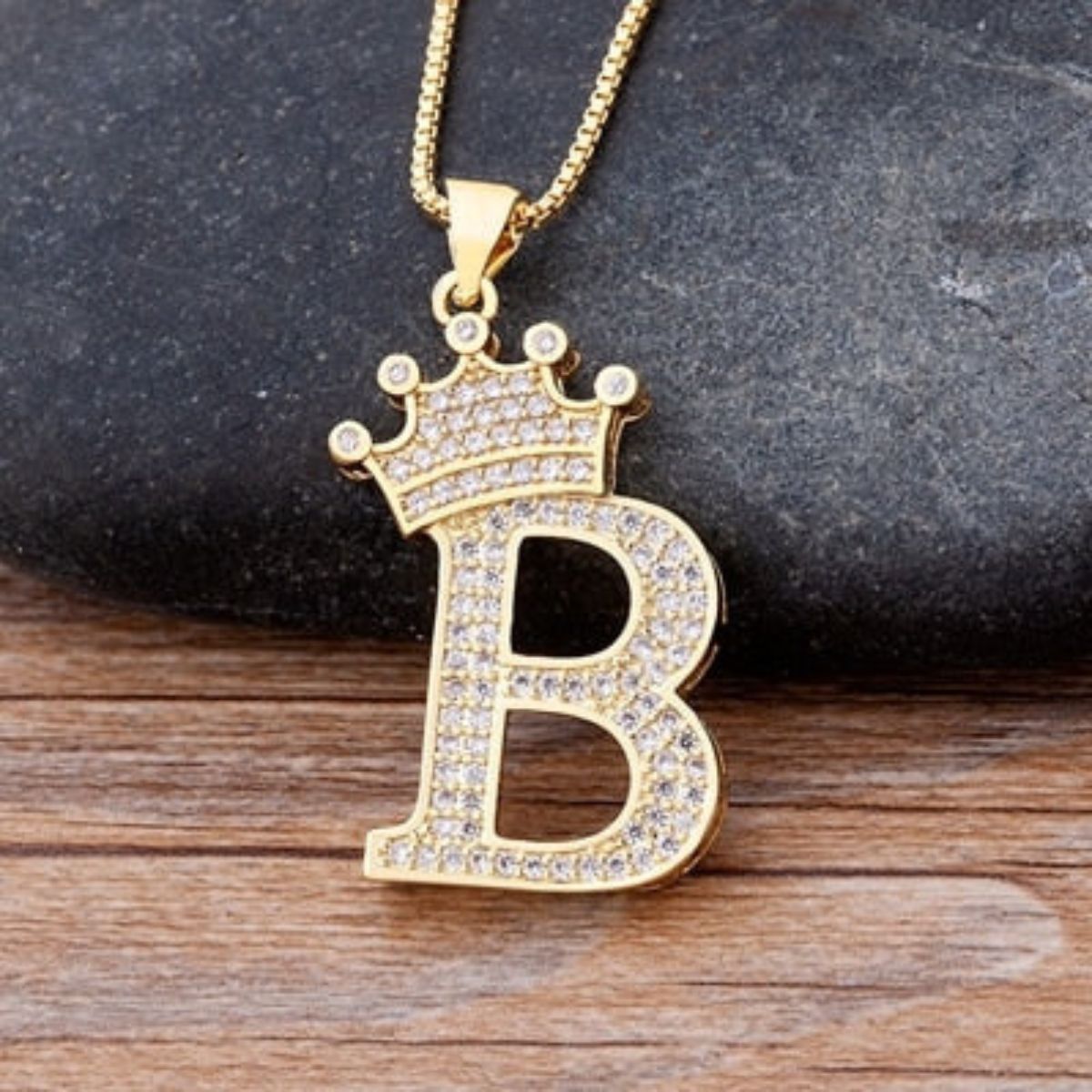 A-Z Alphabet Initial Crown Pendant Necklace - B