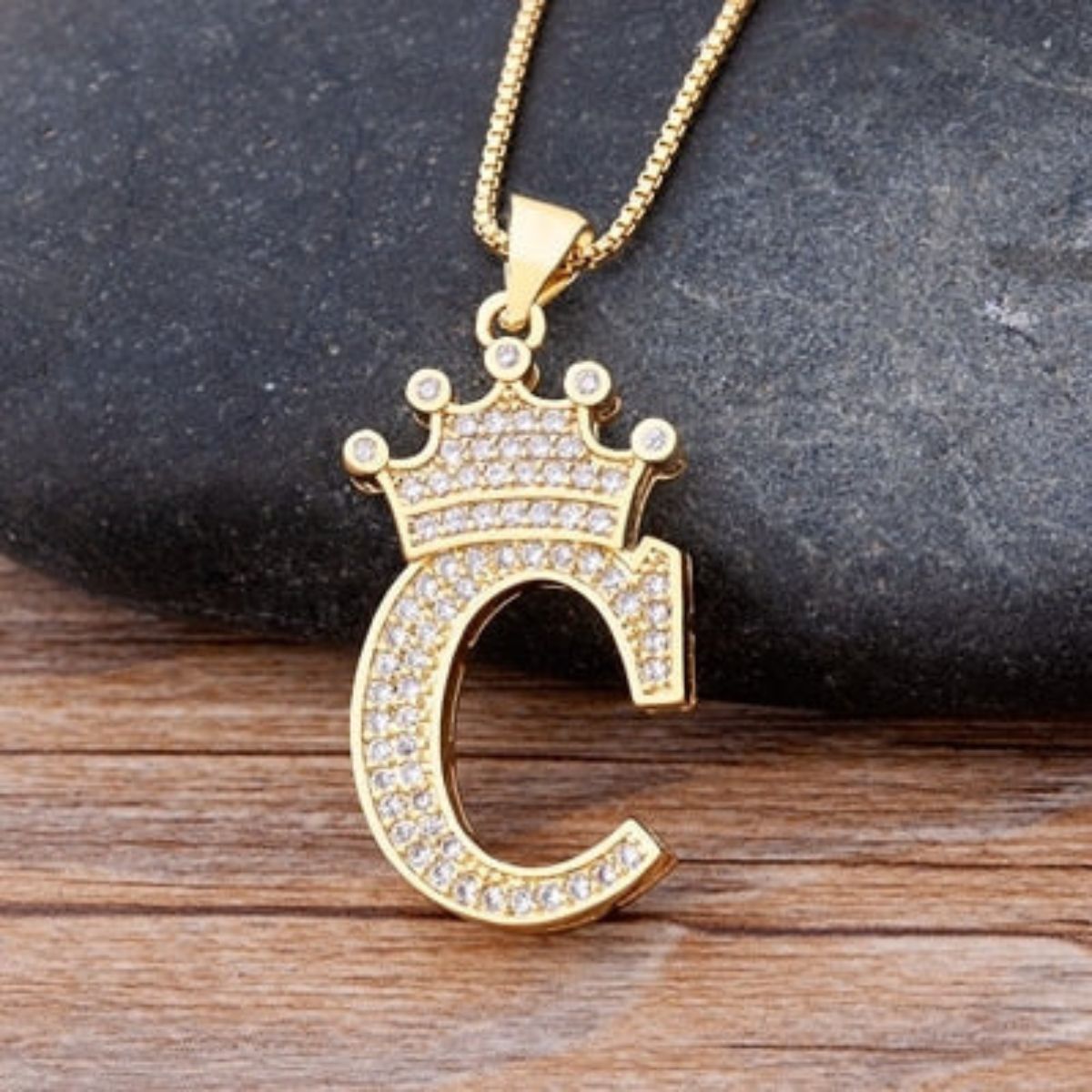 A-Z Alphabet Initial Crown Pendant Necklace - C