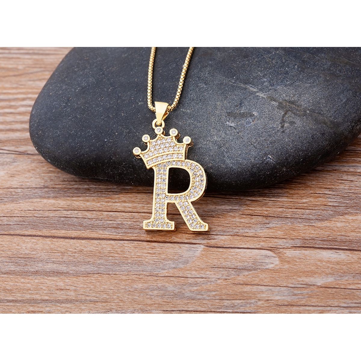 A-Z Alphabet Initial Crown Pendant Necklace - R