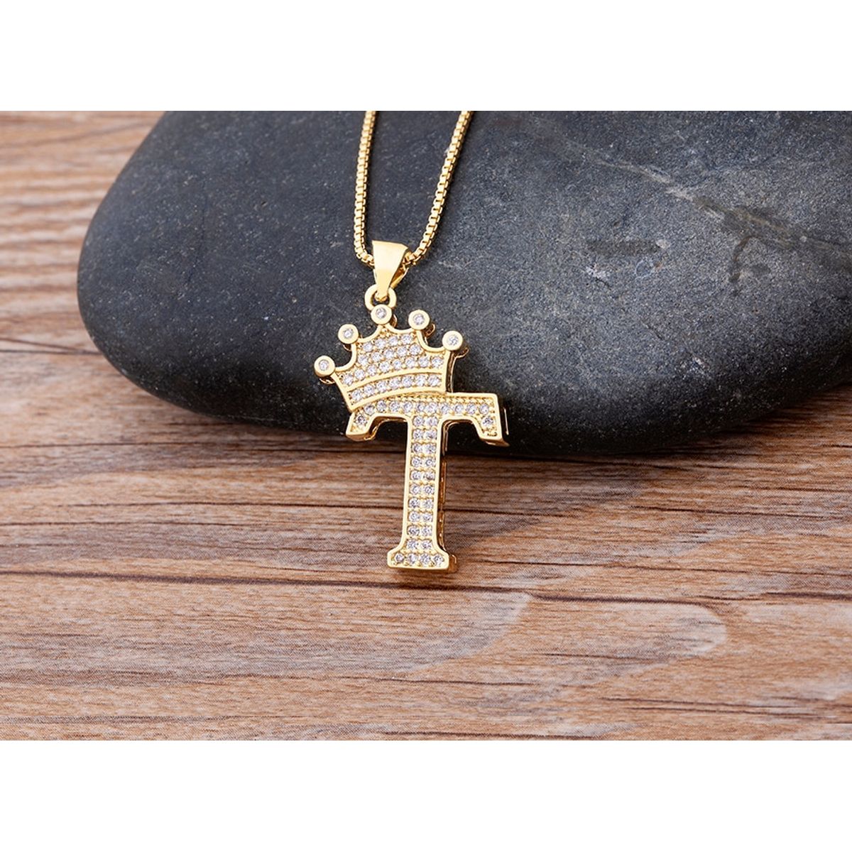 A-Z Alphabet Initial Crown Pendant Necklace - T