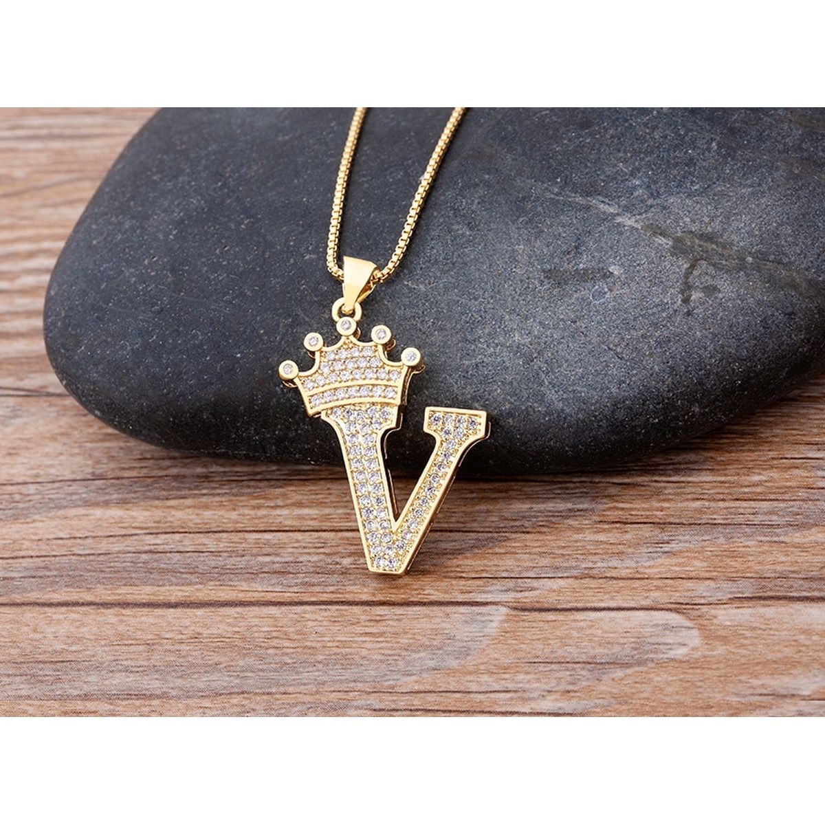 A-Z Alphabet Initial Crown Pendant Necklace - V