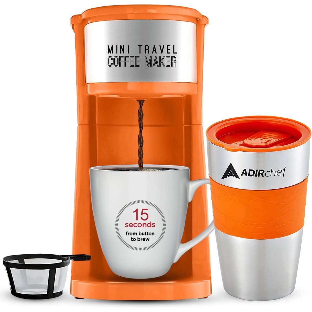 AdirChef Mini Single Serve Coffee Maker & 15 oz. Travel Mug & Reusable Filter - Orange