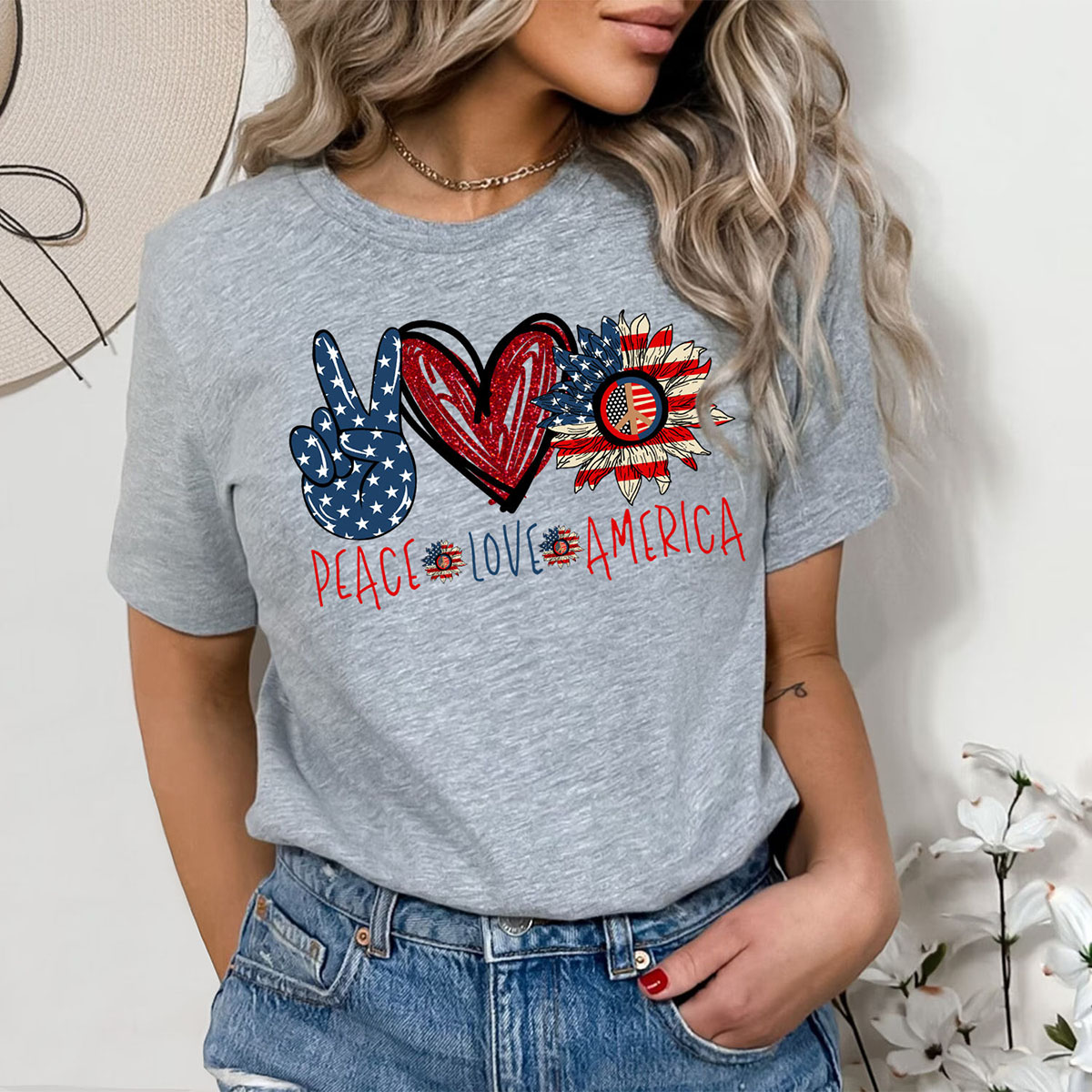 Women's Miss Americana T-Shirts - Peace Love America - H.Grey - L