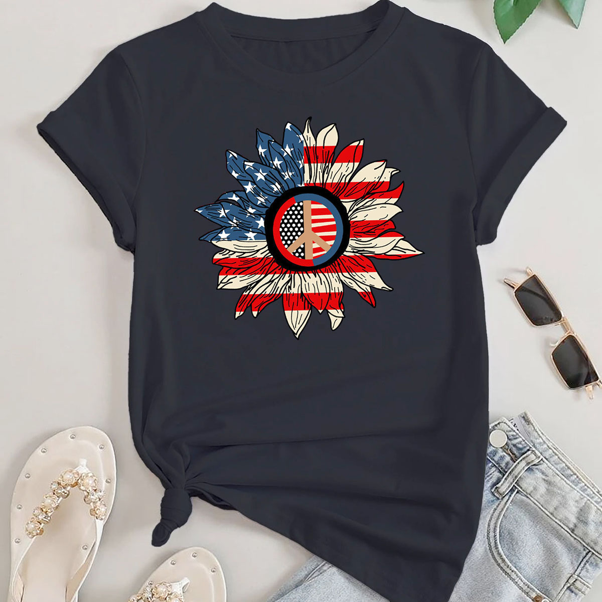 Women's Miss Americana T-Shirts - USA Flag Sunflower Peace Sign - Black - S