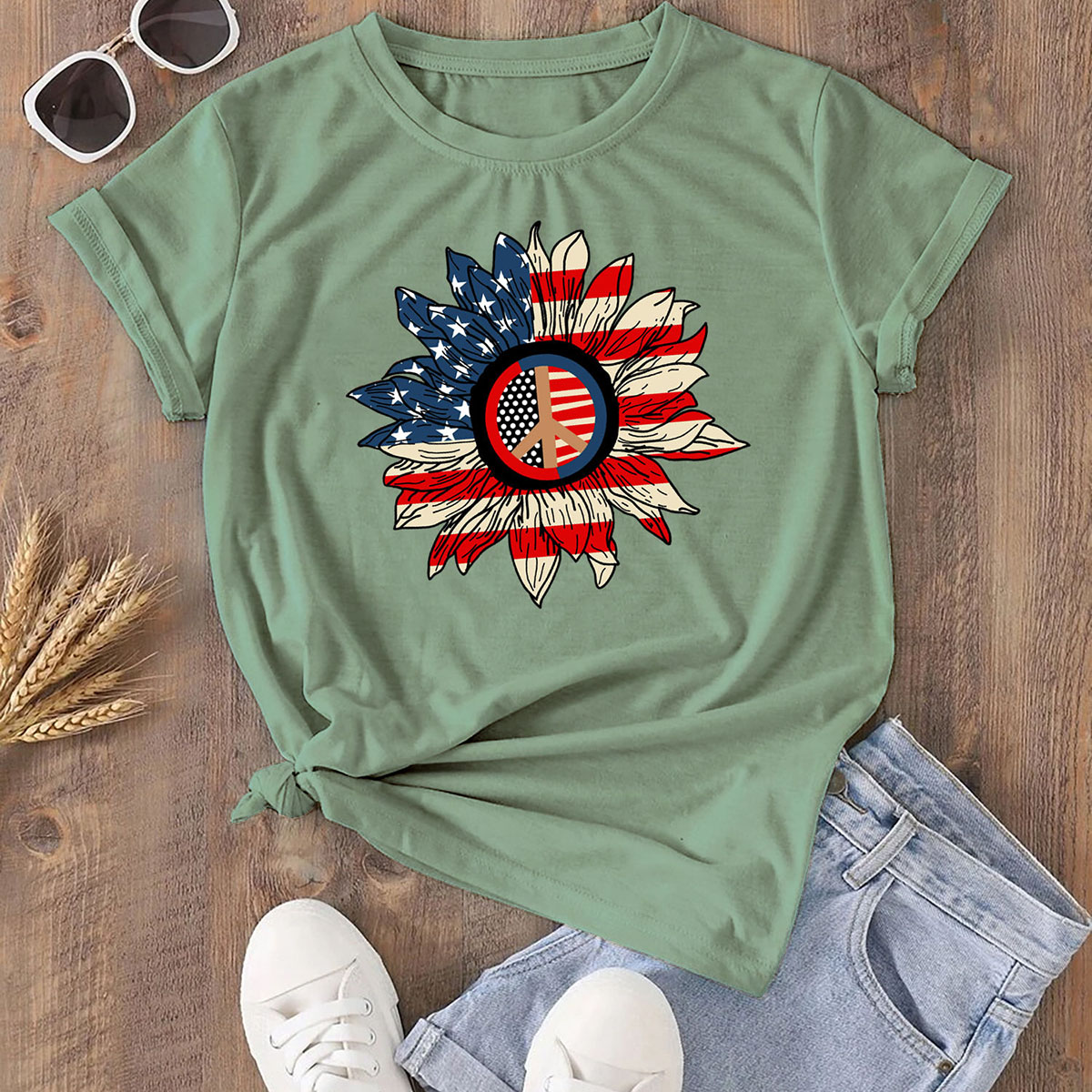 Women's Miss Americana T-Shirts - USA Flag Sunflower Peace Sign - Sage - 2XL