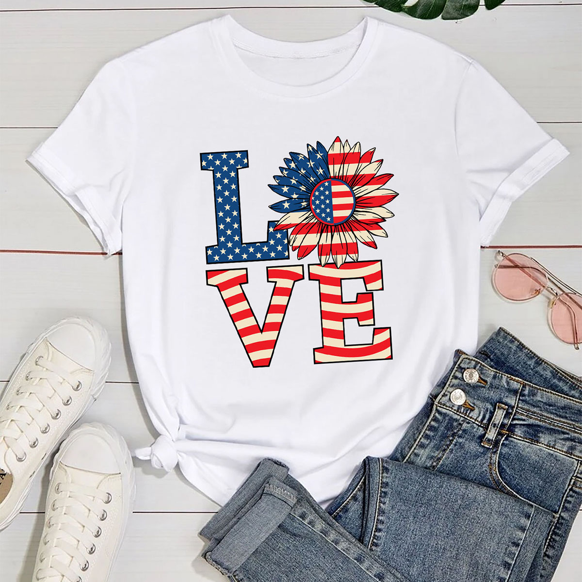 Women's Miss Americana T-Shirts - USA Flag LOVE - White - 2XL