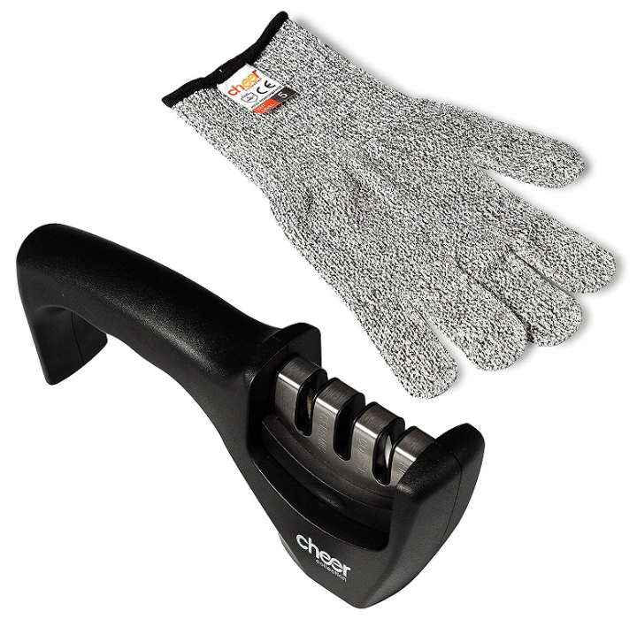 Kitchen Knife Sharpening Tool with Cut-Resistant Glove - Black