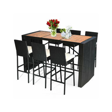 Rattan and Wood 7-Piece Bar Height Patio Dining Set