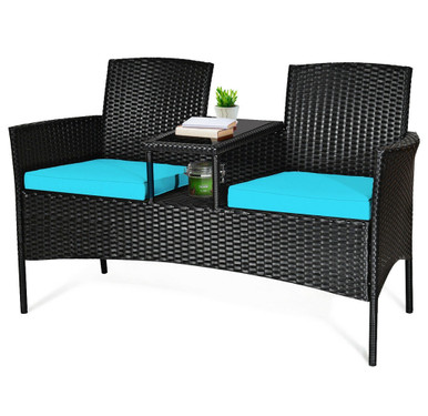 Photos - Garden Furniture Goplus Rattan Conversation Loveseat with Glass Top Table - Turquoise HW632