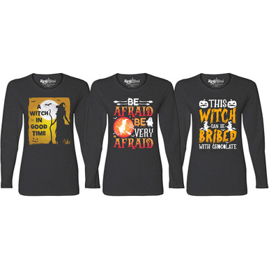 Women's Creepy Scary Halloween Long Sleeve Shirt - A Witch in Good Time - Black / M