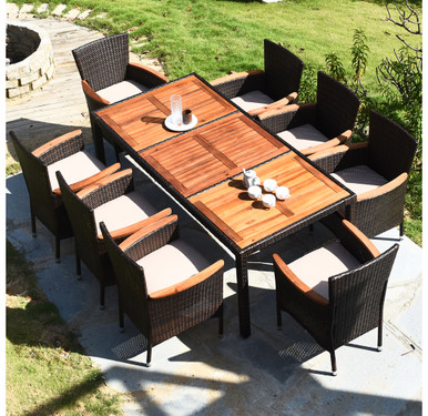 Rattan and Acacia Wood 9-Piece Dining Set for Patios