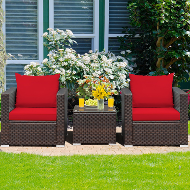 3-Piece Patio Rattan with Red Cushions Furniture Set