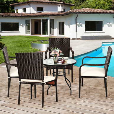 Patio Rattan Stackable Dining Chairs with Cushioned Armrest (Set of 4)