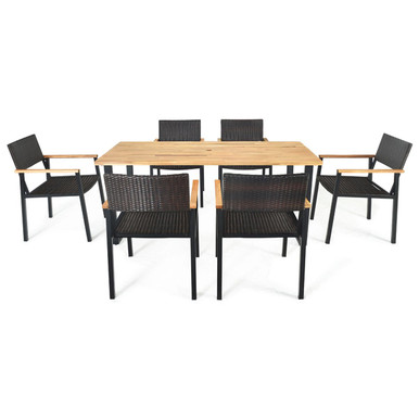 Wood and Rattan 7-Piece Outdoor Dining Set