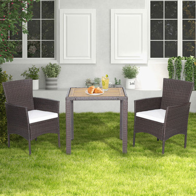 3-Piece Patio Wicker Furniture Set with Acacia Wood Tabletop & Chair Cushions