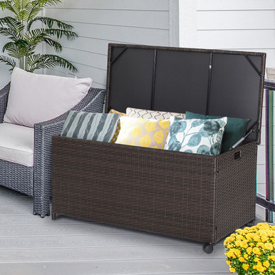 50-Gallon Outdoor Wicker Storage Box with Zippered Liner & Wheels