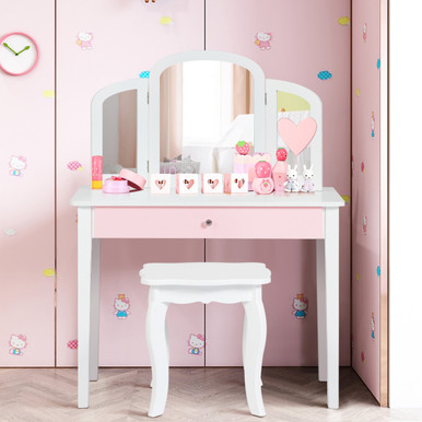 Kids' Princess Make-up Dressing Table with Tri-Folding Vanity Mirror & Chair