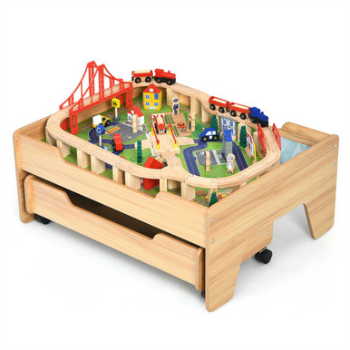 Kids' Wooden Railway Set Table with Storage Drawers & 100 Pieces
