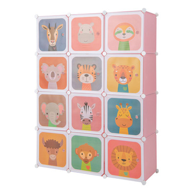 12-Cube Kids Wardrobe Baby Dresser Bedroom Armoire Clothes Hanging Closet with Door - Blue