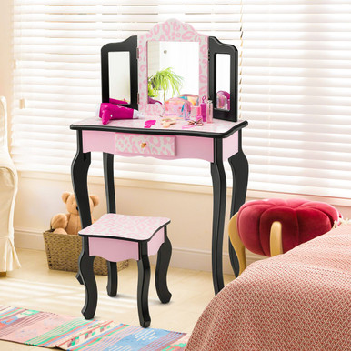 Costway Kid Vanity Set Wooden Makeup Table Stool Tri-Folding Mirror - Black