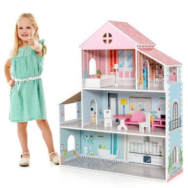 Photos - Doll Accessories Costway Kids' 3-Tier Toddler Doll House with Furniture TP10039 