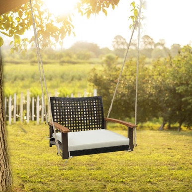 Single Rattan Porch Swing with Armrests, Cushion, & Hanging Ropes