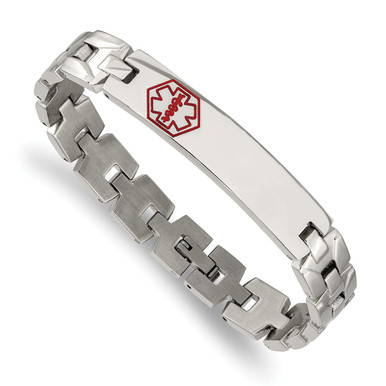 Photos - Bracelet Private Label Stainless Steel Brushed & Polished Red Enamel Medical ID Bra