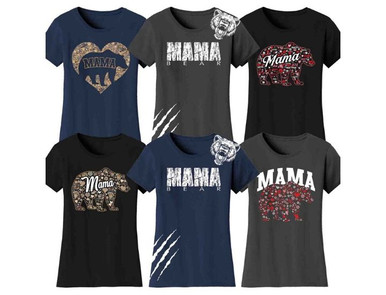 Women's Mama Bear T-Shirt - Heart Pattern - Navy / 2XL
