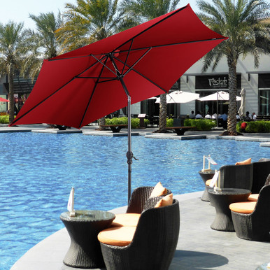 9FT Patio Umbrella Patio Market Steel Tilt W/ Crank Outdoor Yard Garden - Red
