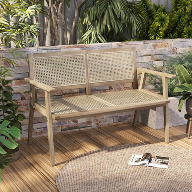 Outdoor Teak Wood Garden Bench with Armrests Rattan Backrest