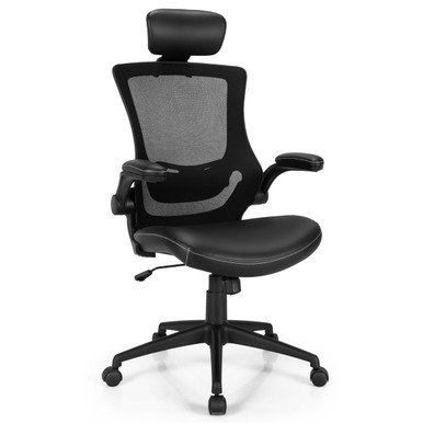 Mesh Swivel Office Chair with Flip-up Arms and Leather Seat