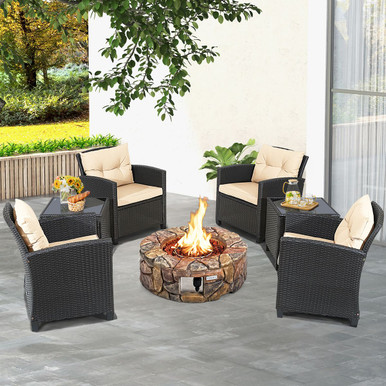 7-Piece Outdoor Wicker Chair Furniture Set with Gas Fire Pit Table