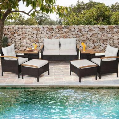 7-Piece Rattan Patio Sofa Set with Acacia Wood Tabletop & Armrests