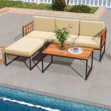 5-Piece Acacia Wood Patio Furniture Set with Coffee Table & Ottoman