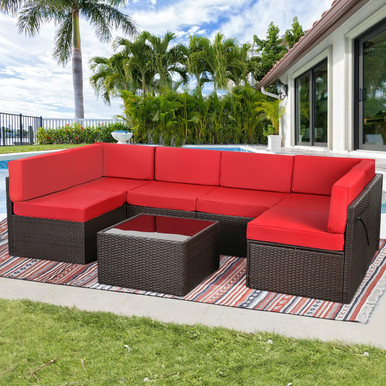 7-Piece Outdoor PE Wicker Rattan Patio Furniture Set - Gray Rattan & Gray Cushion