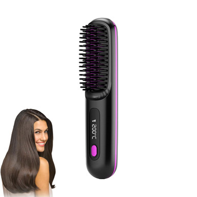 Cordless Hair Straightener Brush with 3 Setting LED Temperature Display Electric Negative Ions Ceramic Hot Comb 360 Anti-Scald Color Black-image-SKU10299061