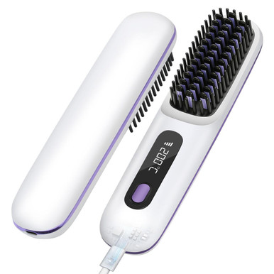 Cordless Hair Straightener Brush with 3 Setting LED Temperature Display Electric Negative Ions Ceramic Hot Comb 360 Anti-Scald Color White-image-SKU10299060