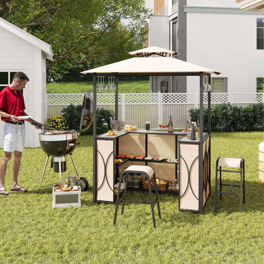 3-Piece Patio Bar Set Grill Gazebo & 2 Barstool with Tempered Glass Bar Table