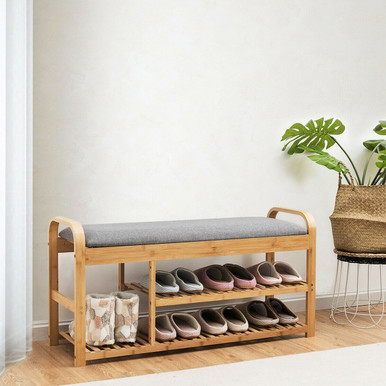 Entryway 3-Tier Bamboo Shoe Rack Bench with Cushion