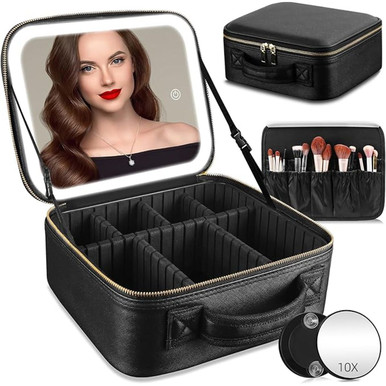 Travel Makeup Bag with Adjustable Dividers & LED Mirror