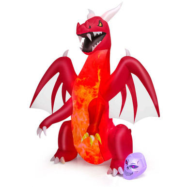 8 Ft Halloween Inflatable Red Dragon with Wings & Skull Holiday Decoration Light - Red