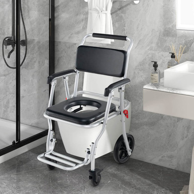 4-in-1 Foldable Bedside Commode Chair with Brakes, Bucket, & Footrest