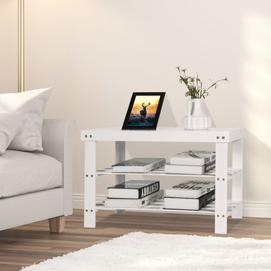 Bamboo Shoe Rack Bench 3-Tier Storage Shelf Holder Home Entryway Hallway - White