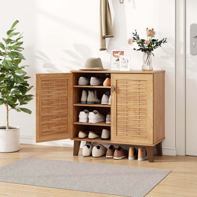 2-Door Shoe Cabinet with Ventilated Woven Doors & 3 Removable Shelves for Entryway - Natural