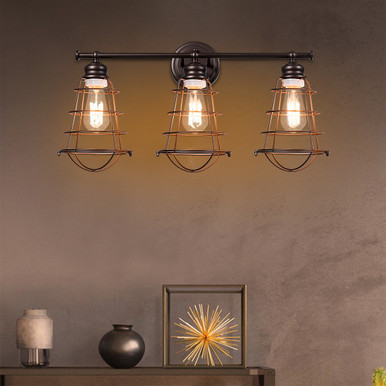 3-Light Vanity Lamp Bathroom Fixture with Metal Wire Cage