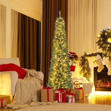 Pencil Christmas Trees with Memory Wire Branch Tips & Warm LED Lights - 6FT Pencil Christmas Tree