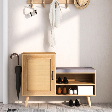 2-in-1 Rattan Shoe Cabinet with Bench & Washable Cushion