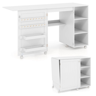 Folding Sewing Table with Storage Shelves and Bins