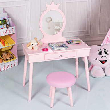 Kids' Wooden Princess Makeup Table with Cushioned Stool